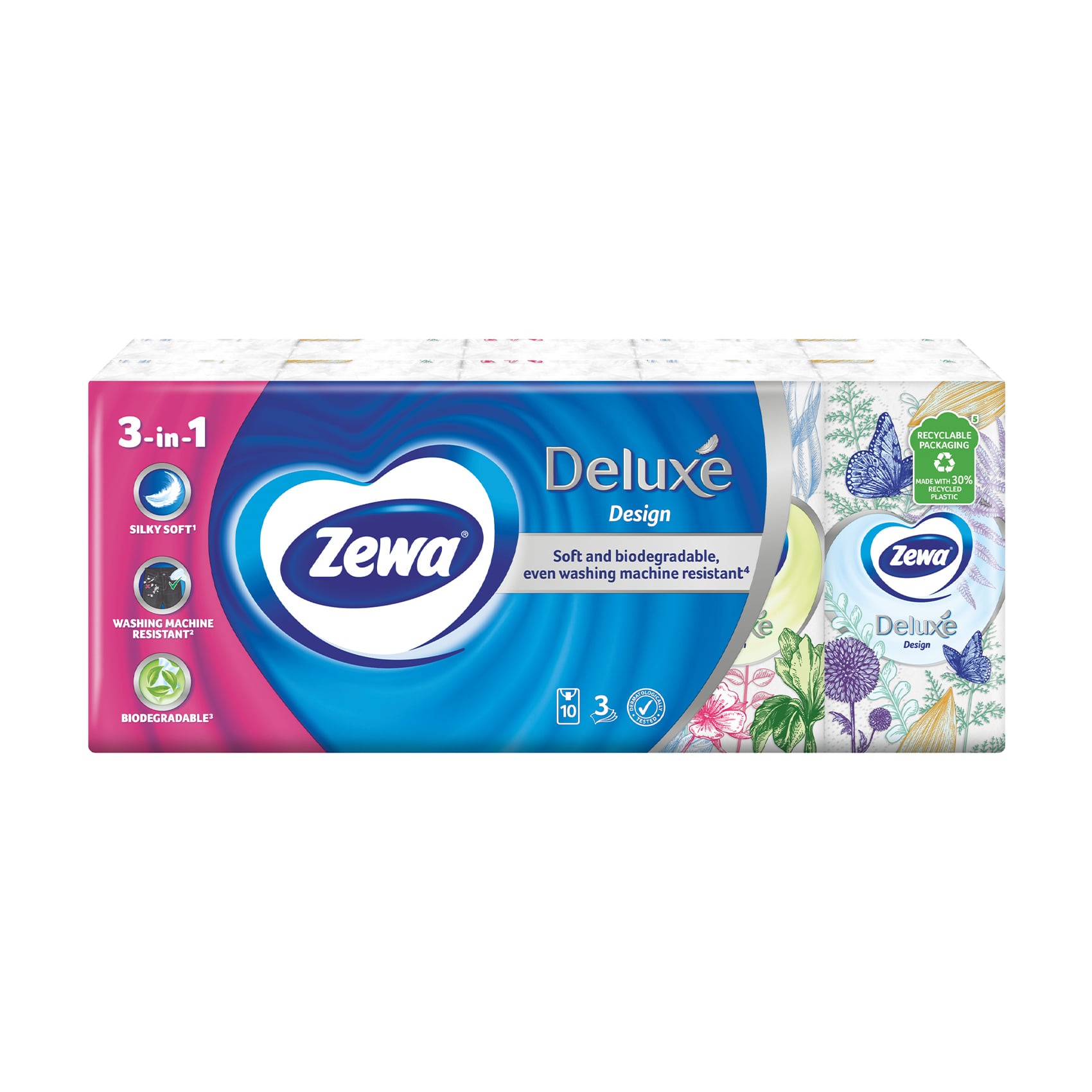 Паперові носові хустинки Zewa Deluxe Design 3-шарові, 10*10 шт
