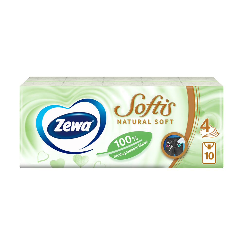 Паперові носові хустинки Zewa Softis Natural Soft, 4-шарові, 10*9 шт
